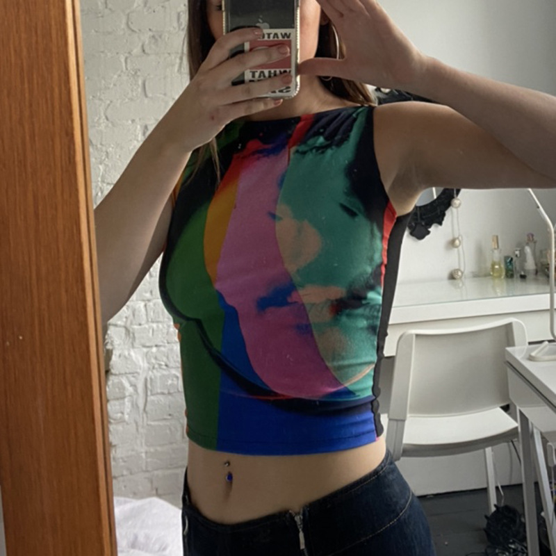 Women's New Color Printing Round Neck Short Cropped Jersey Tank Top