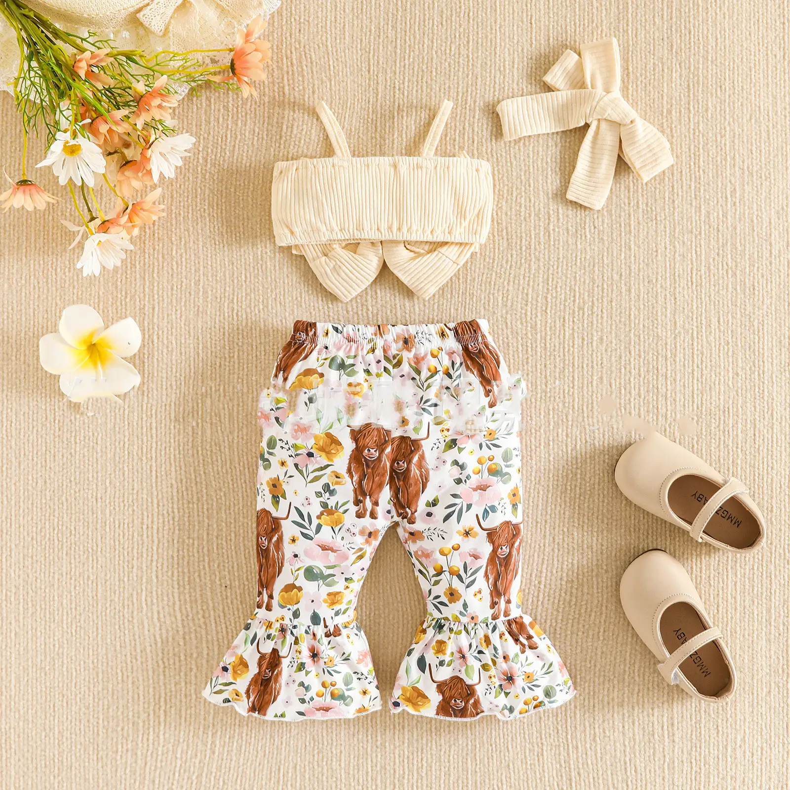 Summer New Sisters Outfit Bow Suspenders Short Top And Trousers Suit