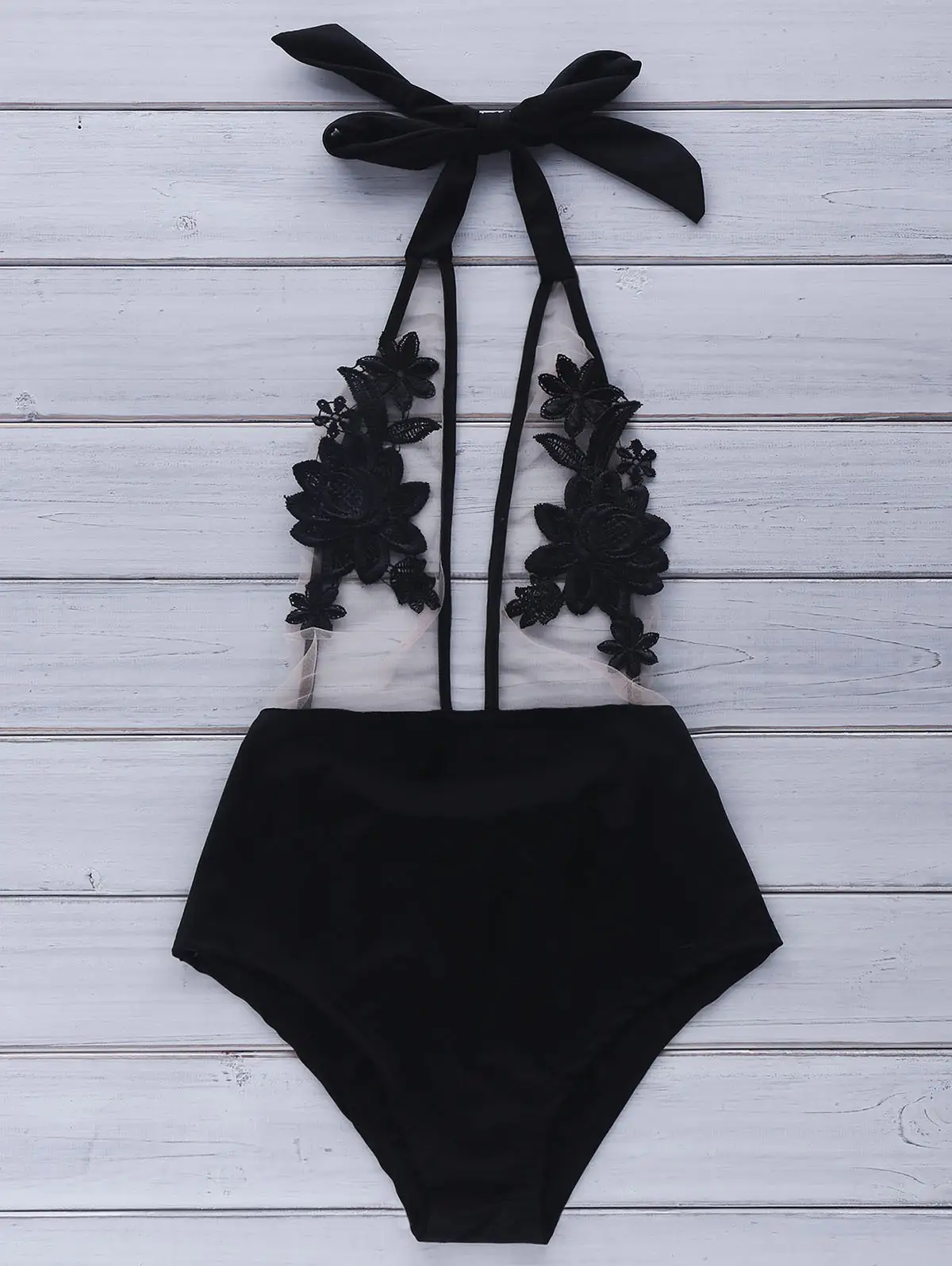 Sexy Lace Mesh Stitching One Piece Swimsuit Solid Color Swimsuit