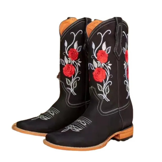 Square Toe Mid Heel Square Heel Rose Fashion Boots Black - Shop at LoveMi