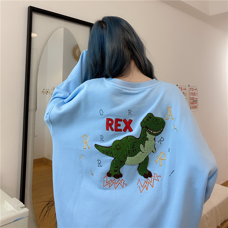 Dinosaur Embroidery Sweater Women Loose Large Size Long-sleeved Round Neck Casual Top
