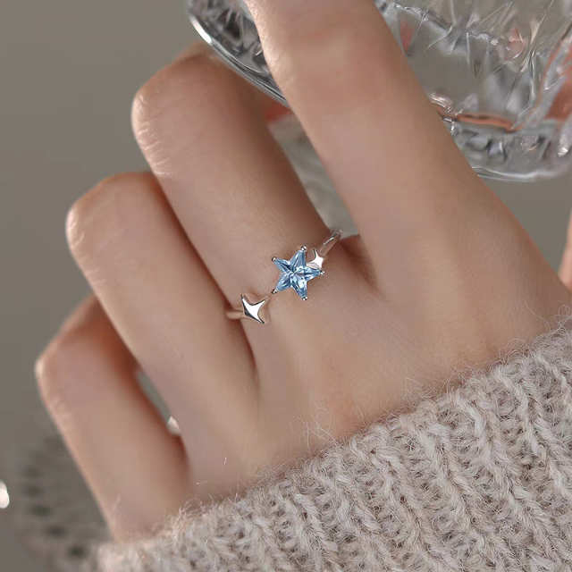 1pc 999 Sterling Silver Blue Zircon Star Open Ring, Fresh & Elegant Style, Perfect For Daily Wear & Valentine's Day Gift