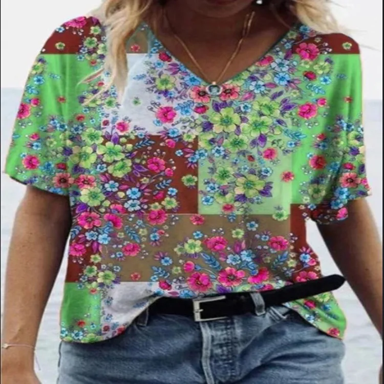 Women's Casual Floral Print V-neck Short-sleeved T-shirt