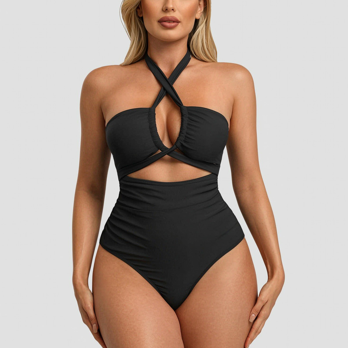 Women's Crisscross Halter Cutout One Piece Swimsuit, Tummy Control High Waist Ruched Bathing Suit — foto 5