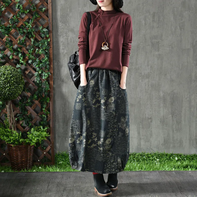 All-match Mid-length High-end A-line Elastic Waist Thickened Cotton Denim Skirt - Blue Thickened