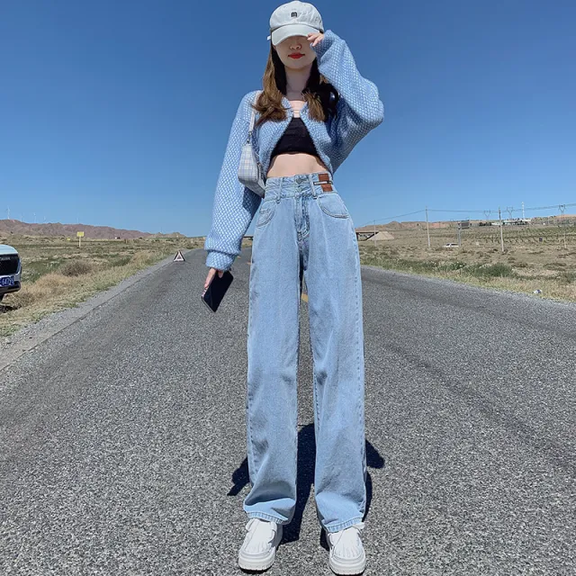 Women's High Waist Straight Loose And Slim Double Button Jeans Light Blue - Shop at LoveMi