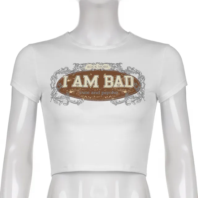 Alphabet Print Crew Neck Short Sleeve Cropped Navel Top White - Shop at LoveMi