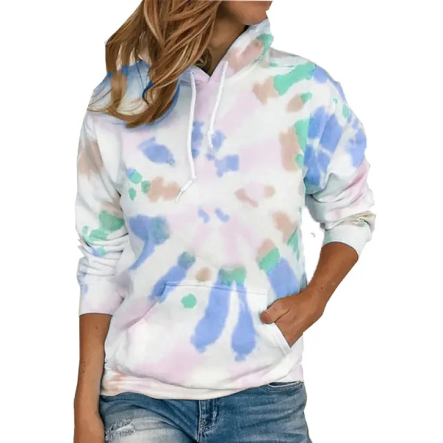 Long Sleeve Casual Tie Dye Print Colorful Hooded Long Sleeve Sweatshirt Blue - Shop at LoveMi