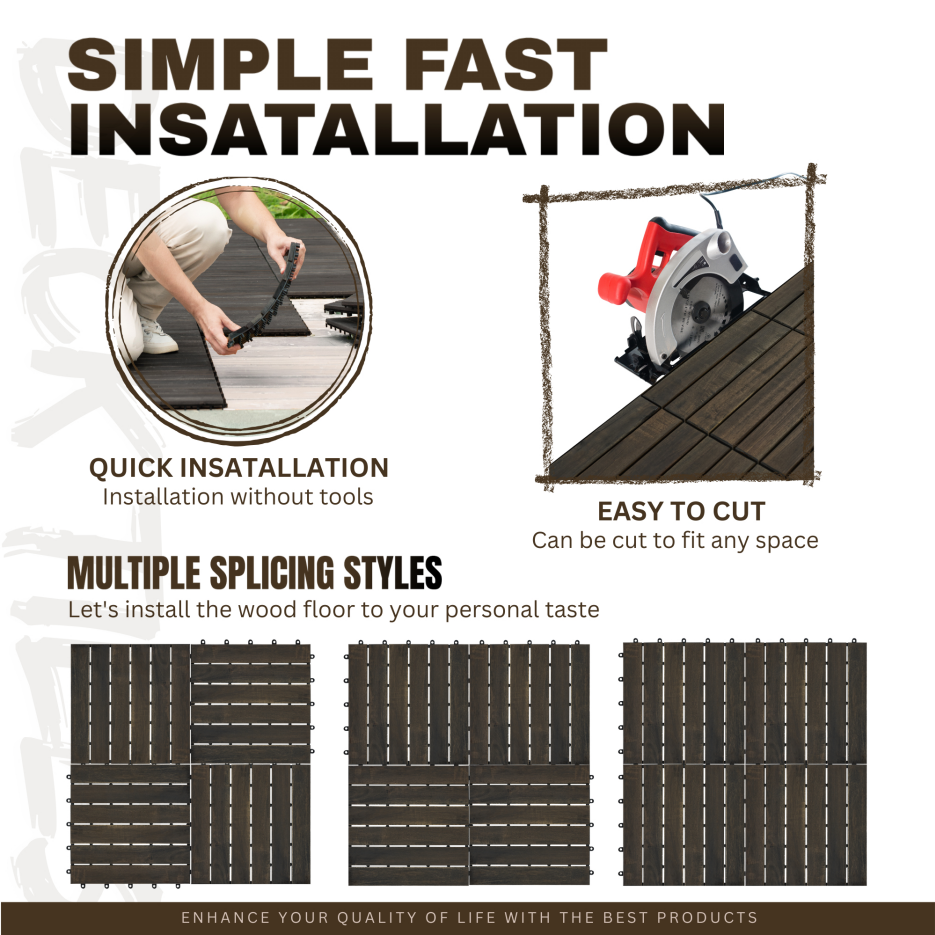 30 PCS Interlocking Deck Tiles Striped Pattern, 12inch X 12inch Dark Brown Square Acacia Hardwood Outdoor Flooring For Patio, Bancony, Pool Side