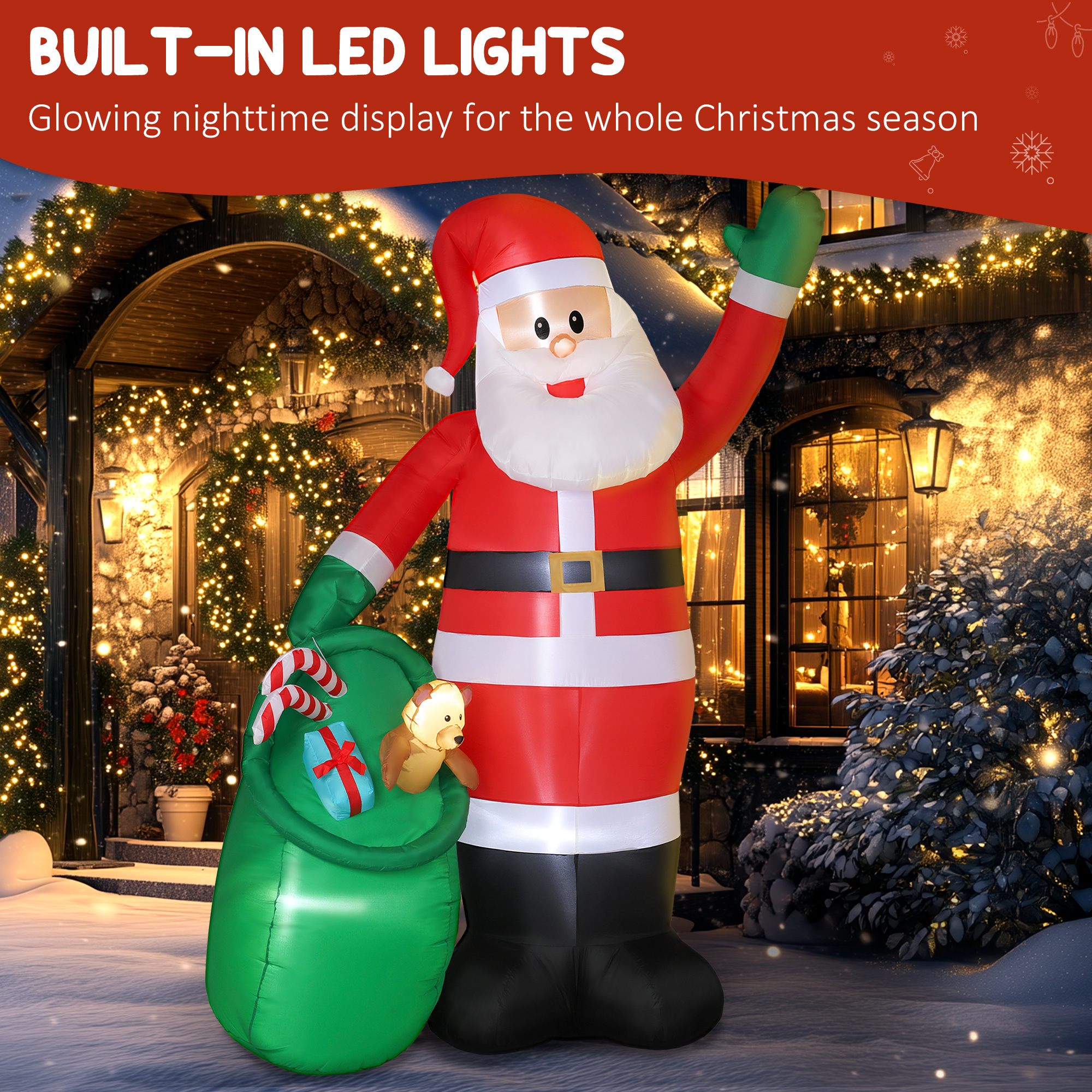 9ft 275 Cm Christmas Inflatable Santa With Bear Sack, Giant Blow Up Decoration