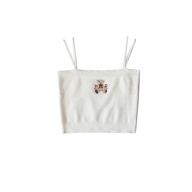 Women's Cartoon Bear Embroidery Knitted Camisole White - Shop at LoveMi