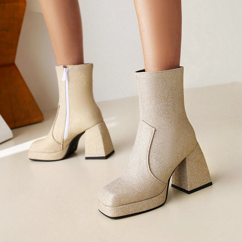 Title 10, Square Toe Booties Female High Heel Martin Boot...