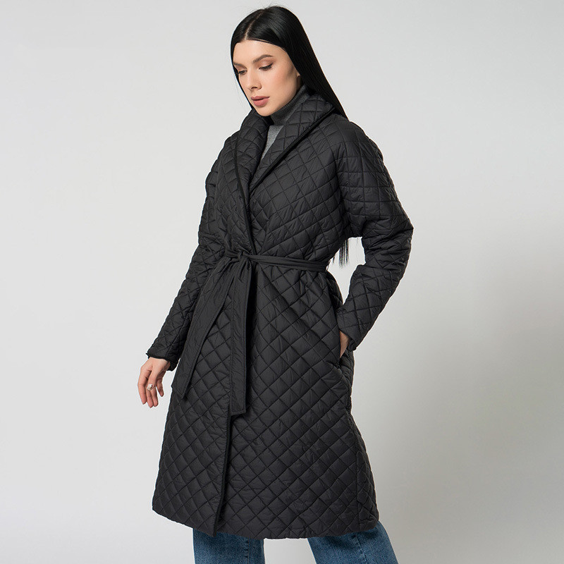 Women's Diamond Plaid Fitted Waist Cotton padded Coat Black - Shop at LoveMi
