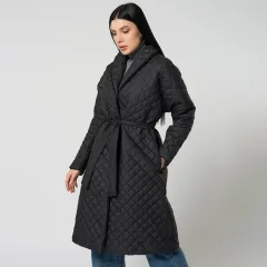 Women's Diamond Plaid Fitted Waist Cotton-padded Coat - Black - View 1