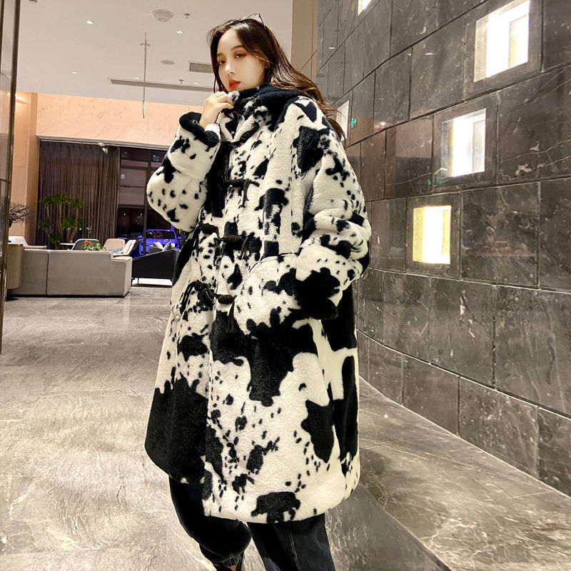  Winter New Cow Pattern Fur Coat Women Over The Knee
