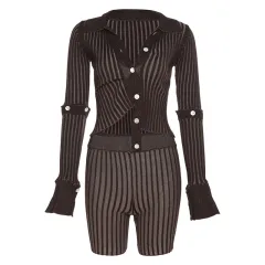Long Sleeve Single Breasted Design T-shirt Striped Shorts Set - Coffee - View 1