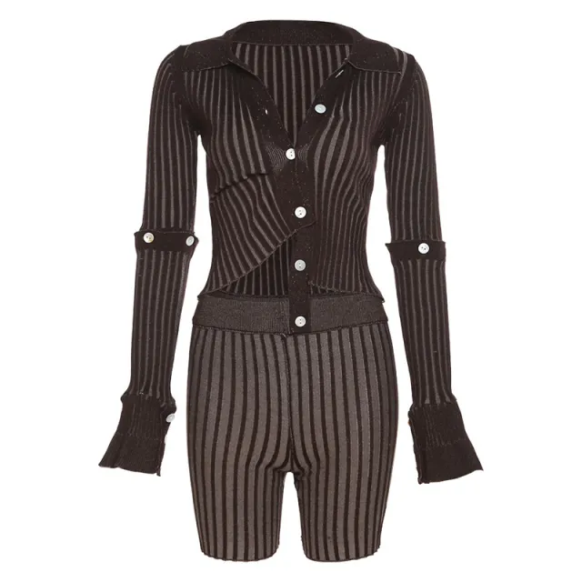 Long Sleeve Single Breasted Design T shirt Striped Shorts Set Coffee - Shop at LoveMi