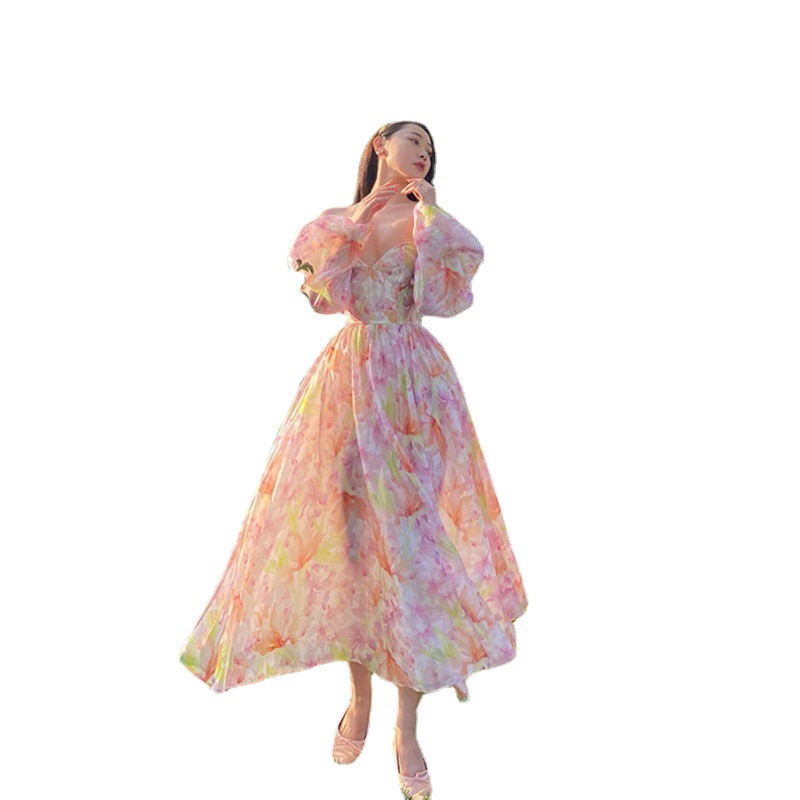 Iris Floral One-Shoulder Puff-Sleeve Chiffon Dress