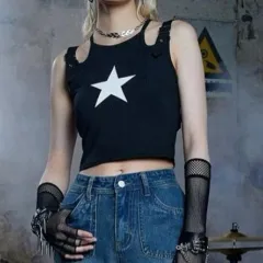 Dark Girl Fashion Wear With Double Adjustable Shoulder Straps Design Navel Vest Five-pointed Star Print Black - Black - View 1