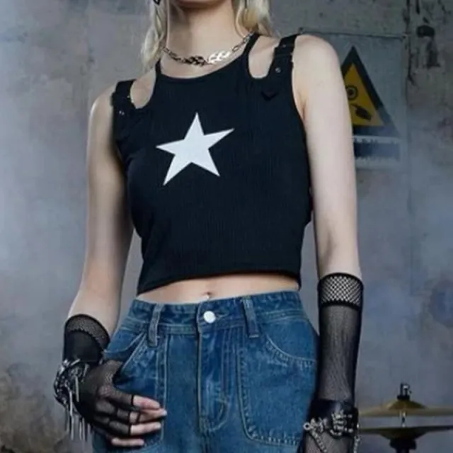 Dark Girl Fashion Wear With Double Adjustable Shoulder Straps Design Navel Vest Five pointed Star Print Black Black - Shop at LoveMi