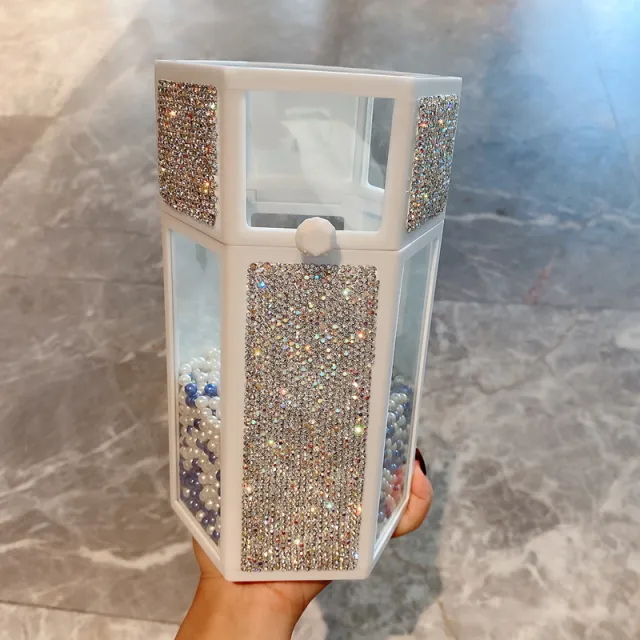 Glass Storage Box Dustproof With Lid Diamond Eyebrow Pencil Eyeliner Pearl Brush Bucket White - Shop at LoveMi