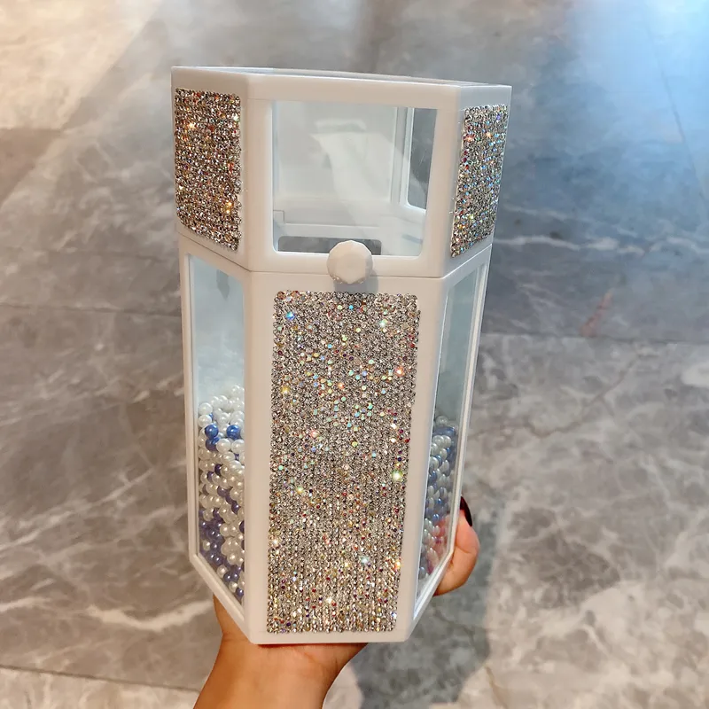 Glass Storage Box Dustproof With Lid Diamond Eyebrow Pencil Eyeliner Pearl Brush Bucket - White