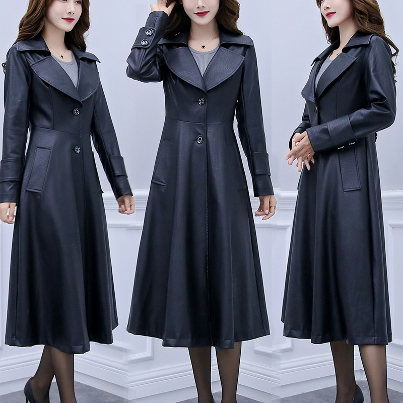 Large Size Women's Leather Coat 200 Catties Fat Mm Slim Long Windbreaker