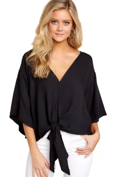 New V Neck Blouse Women Leopard Print Shirts Floral Tie Front Blouses Batwing Summer Oversize Ladies Tops - Style A - View 1