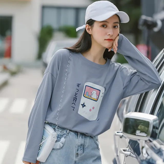 Pure Cotton Long sleeved T shirt Women's Thin Loose Bottoming Round Neck Top Grey - Shop at LoveMi