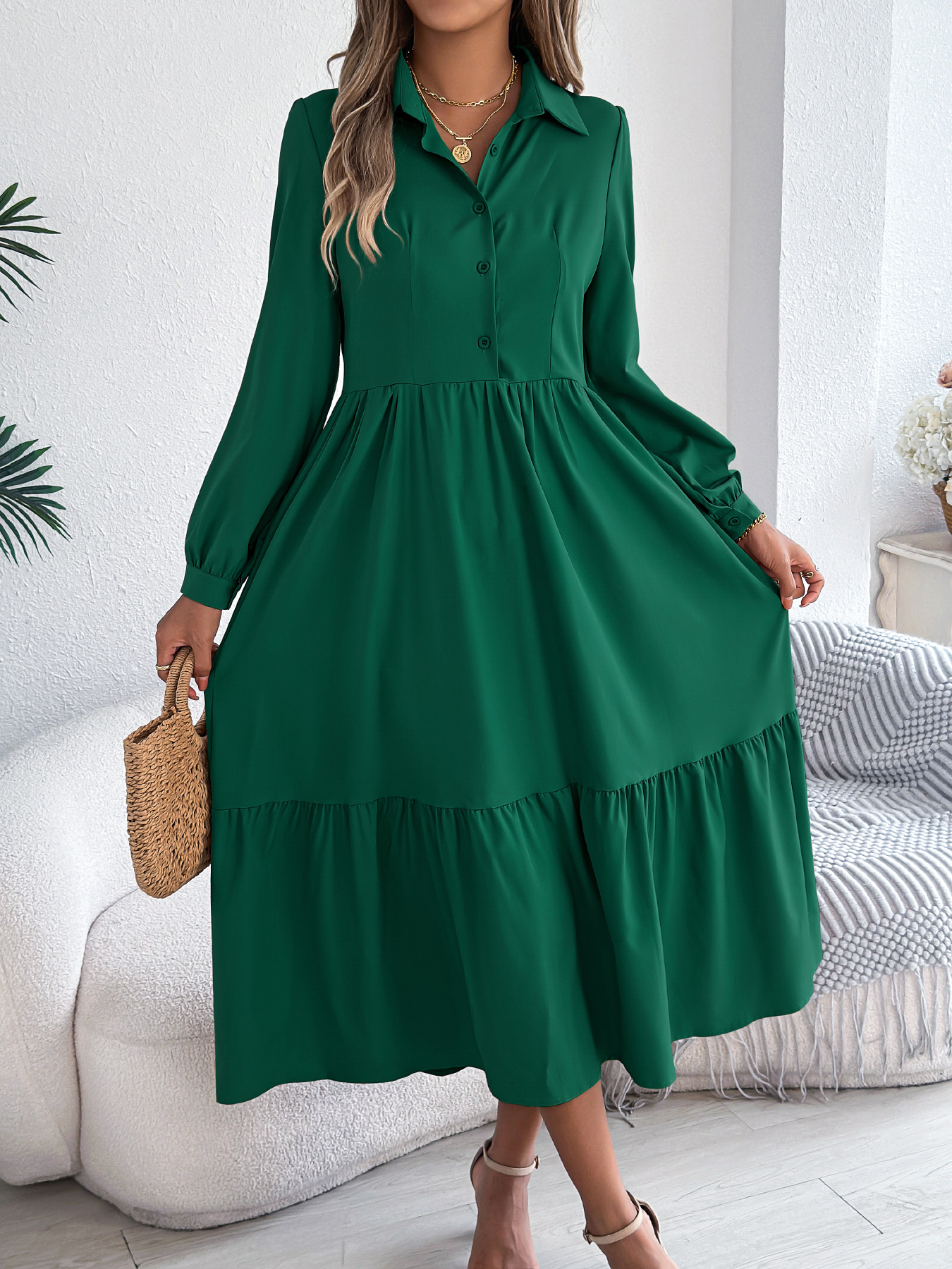 Autumn And Winter Collar Casual Loose Long Sleeve Ruffled Shirt Dress Dark Green - Shop at LoveMi