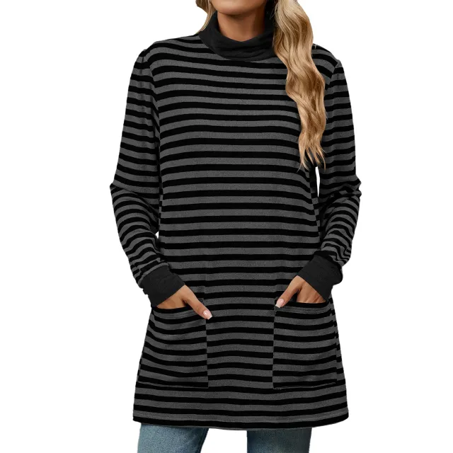 Fashion Striped Print Long Sweatshirt With Pocket Loose Long Sleeve Pullover T shirt Top For Womens Clothing Dark Grey Black - Shop at LoveMi