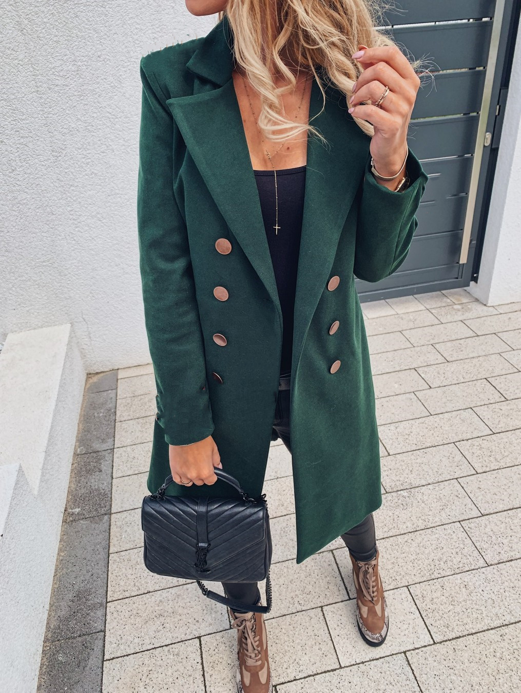 Autumn And Winter Solid Color Long sleeved Double breasted Mid length Woolen Top Coat Green - Shop at LoveMi