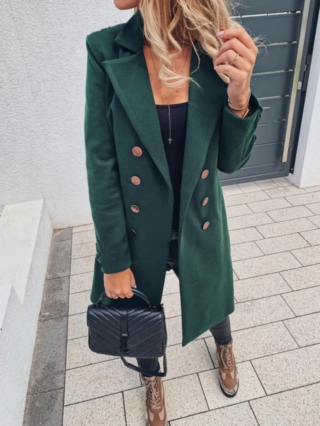 Autumn And Winter Solid Color Long sleeved Double breasted Mid length Woolen Top Coat Green - Shop at LoveMi