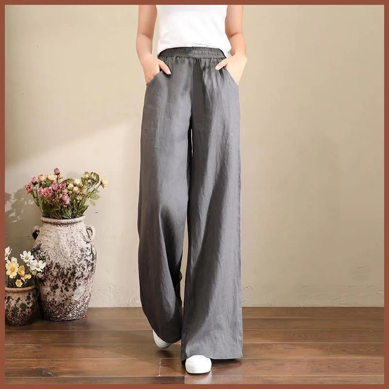 Title 6, Pure Linen Plus Size Wide Leg Pants Women Draws...