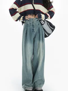 High-Rise Pleated Wide-Leg Washed Versatile Jeans Set - Pleated Jeans-L - View 1
