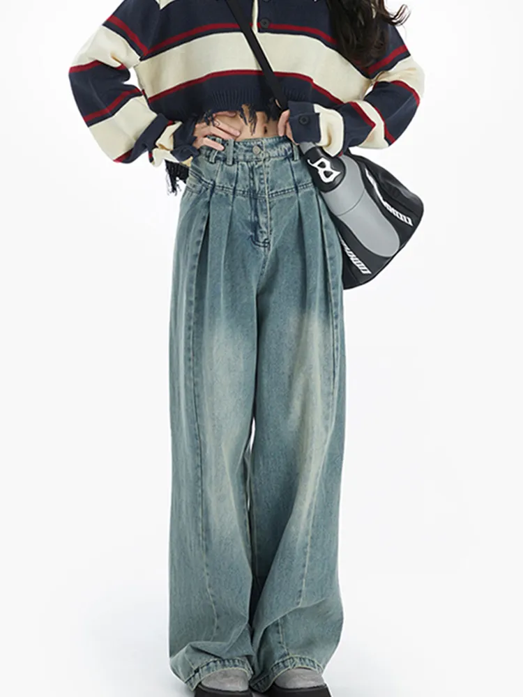 High-Rise Pleated Wide-Leg Washed Versatile Jeans Set - Pleated Jeans-L