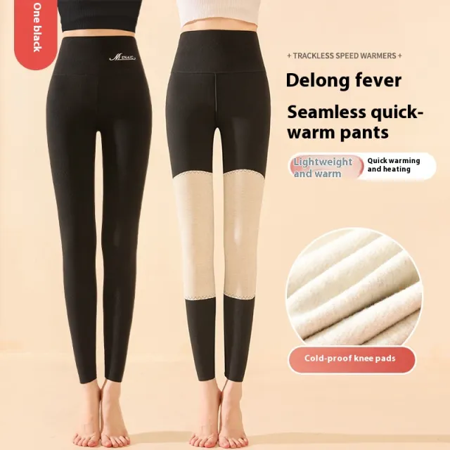 Winter High Waist Knee pad Leggings Fashion Warm Double sided Frosted Pants Solid Slim Trousers Women Clothing Black - Shop at LoveMi