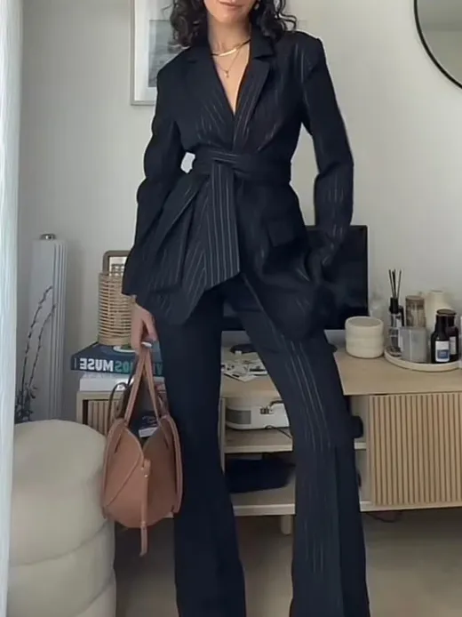 Striped Strappy Blazer & High waisted Pants Suit Stripe - Shop at LoveMi