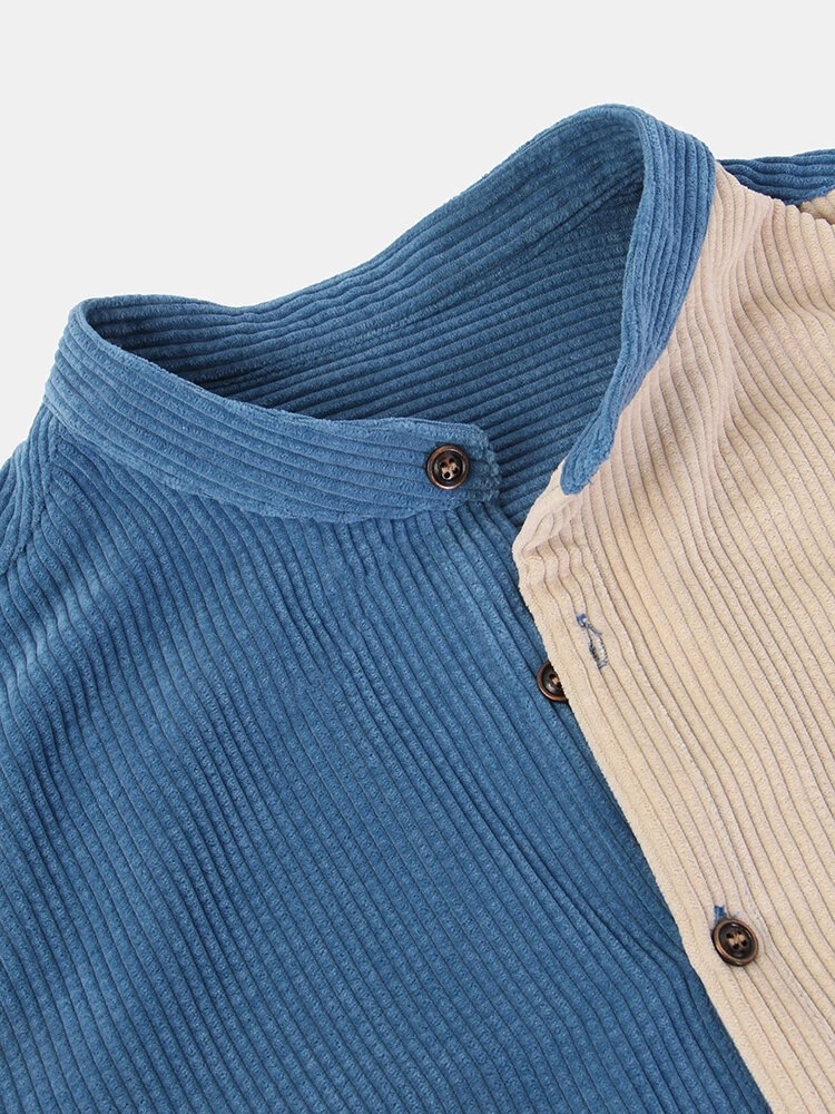 Title 2, Mens Corduroy Striped Stand Collar Broken Slee...