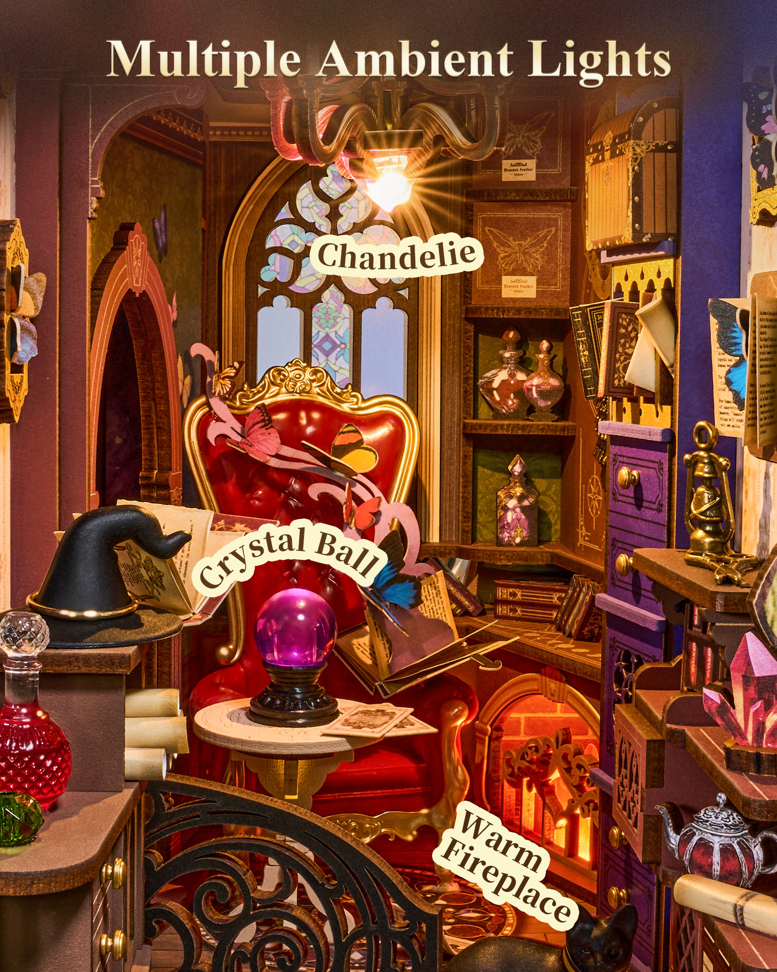 Rolife Magical Fantasy Corner Bookend DIY Set - 3D Wooden Miniature House, 3D Puzzle With Interactive LED Lights, 185 Pieces, Teen & Adult Bookshelf Decoration Gift