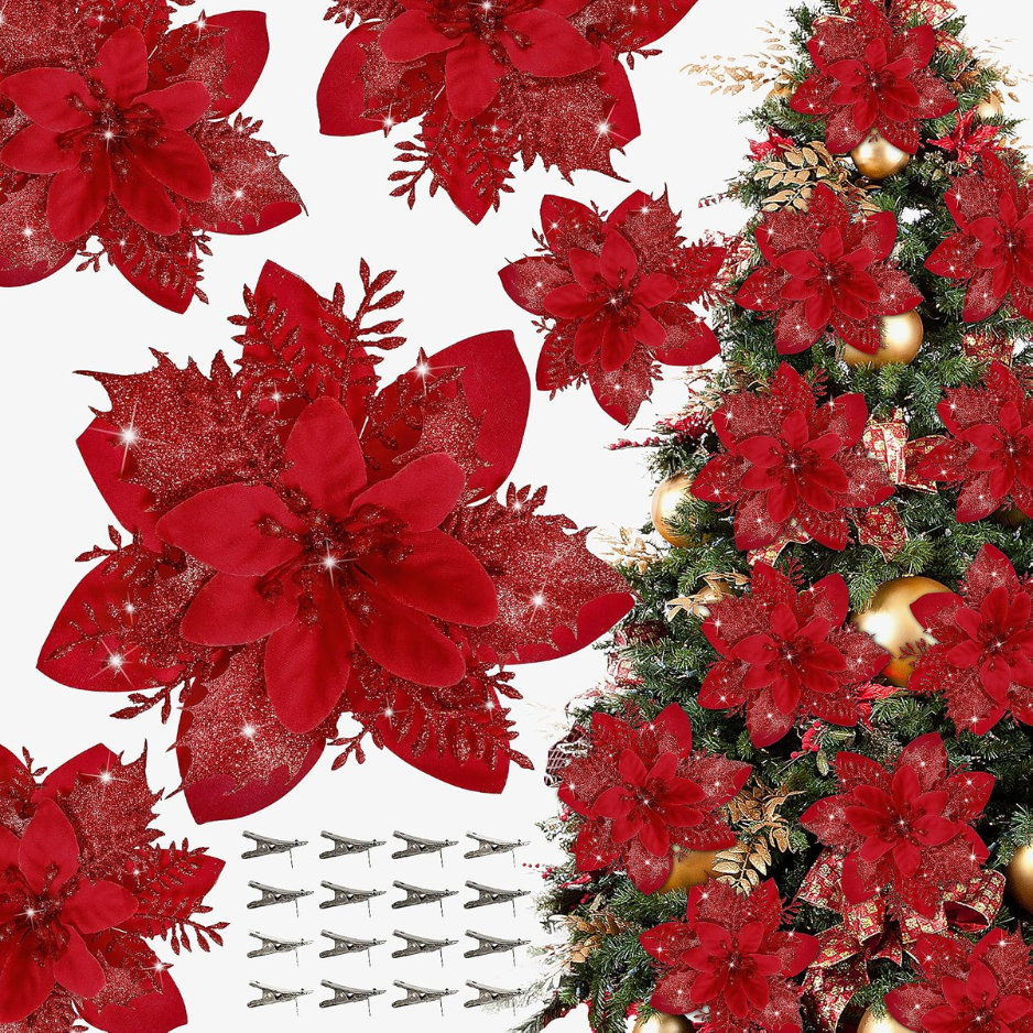 16 PCS Poinsettia Flower Artificial Poinsettias With Clips Christmas Decor Glitter Poinsettia Christmas Ornaments Xmas Tree Flower Decorations
