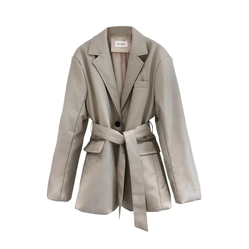 Temperament Pu Leather Jacket Women's Belt Cotton Coat