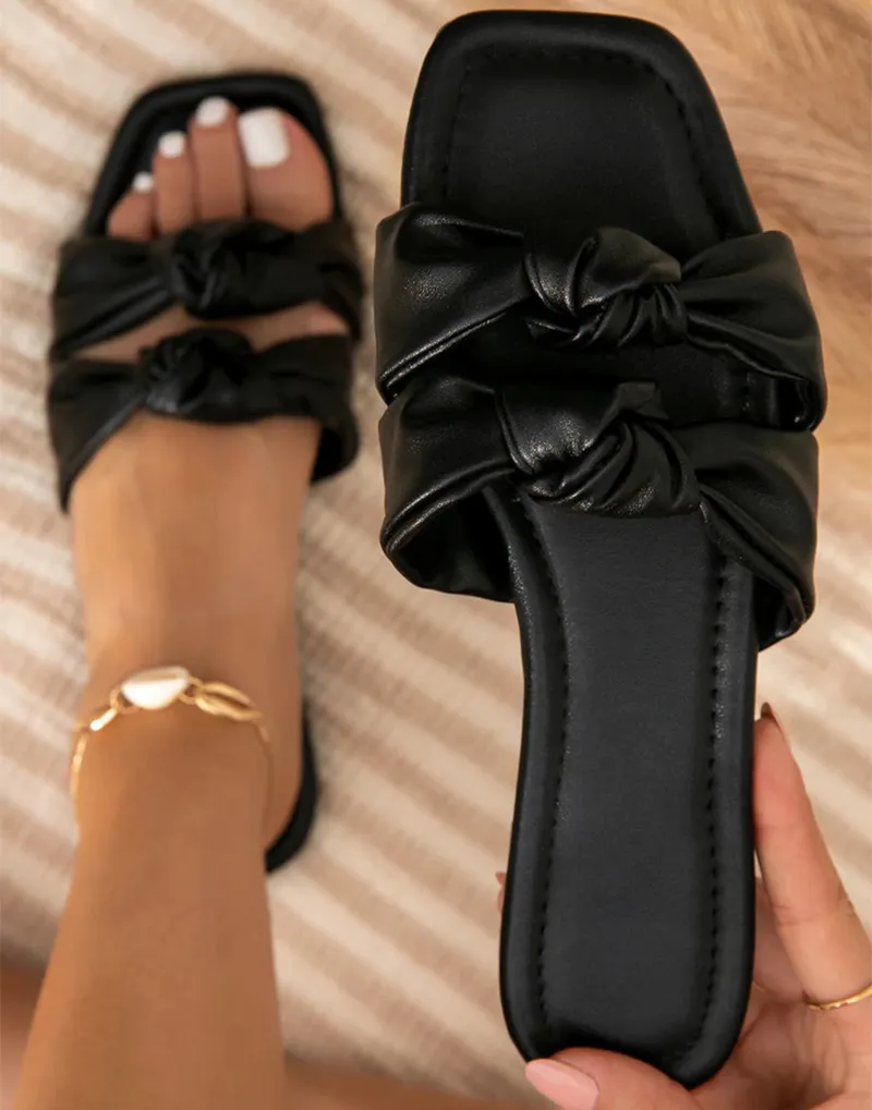 Double Bow Slippers Flat Shoes Summer Outdoor Sandals Non-slip Slides - Black