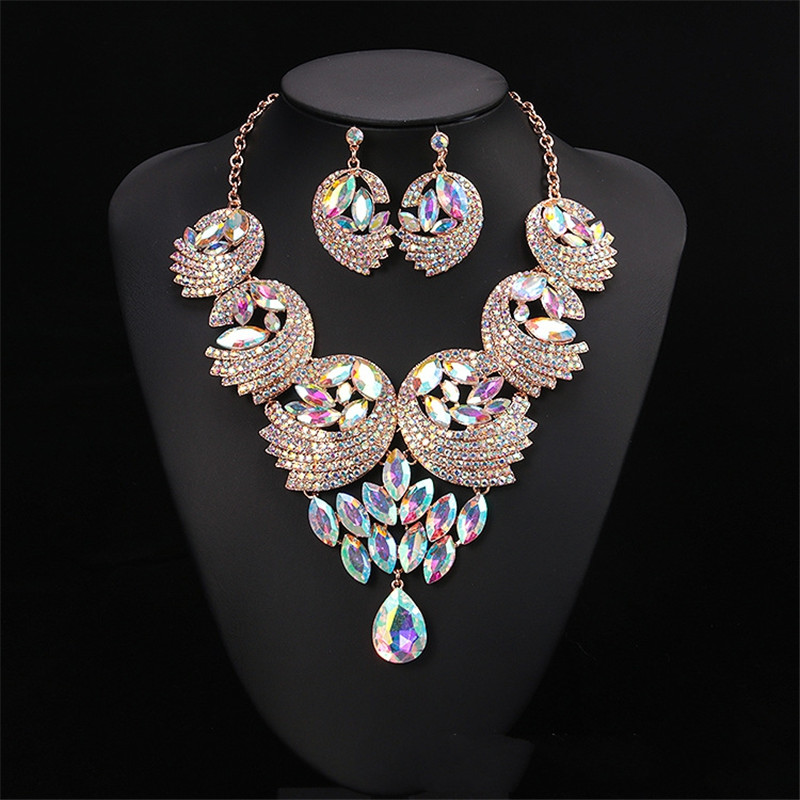 Luxury Full Diamond Painted Necklace And Earrings Set European And American Bridal Jewelry