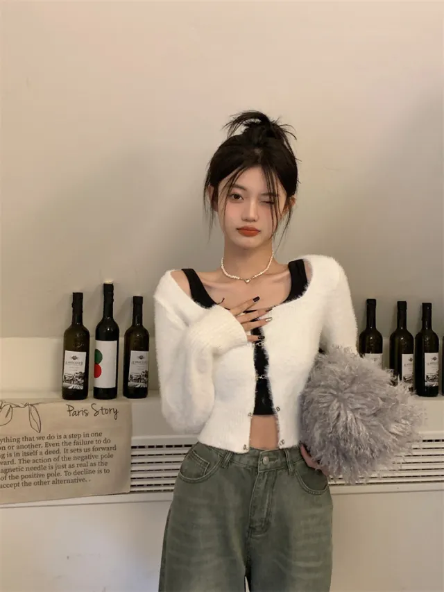 Coffee Colored Imitation Mink Velvet Knitted Cardigan For Women White - Shop at LoveMi