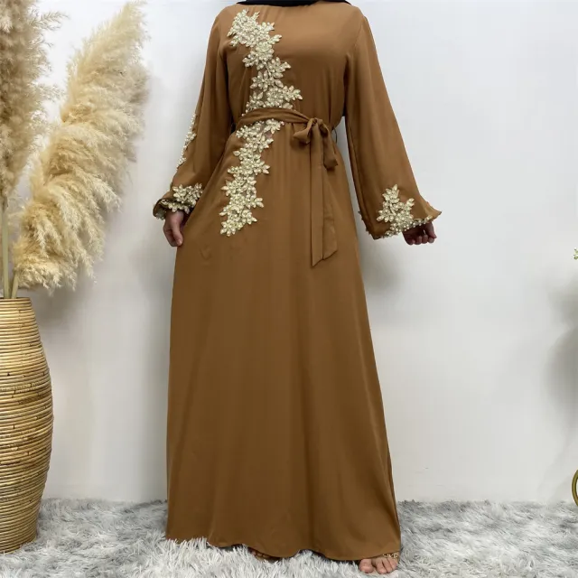 Fashion Lace Beaded Muslim Dress Women Brown - Shop at LoveMi