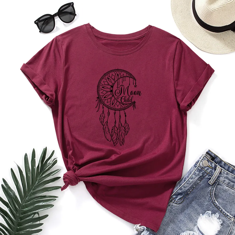 Women's Loose Round Neck Short Sleeve T-shirt Dream Catcher - Wine