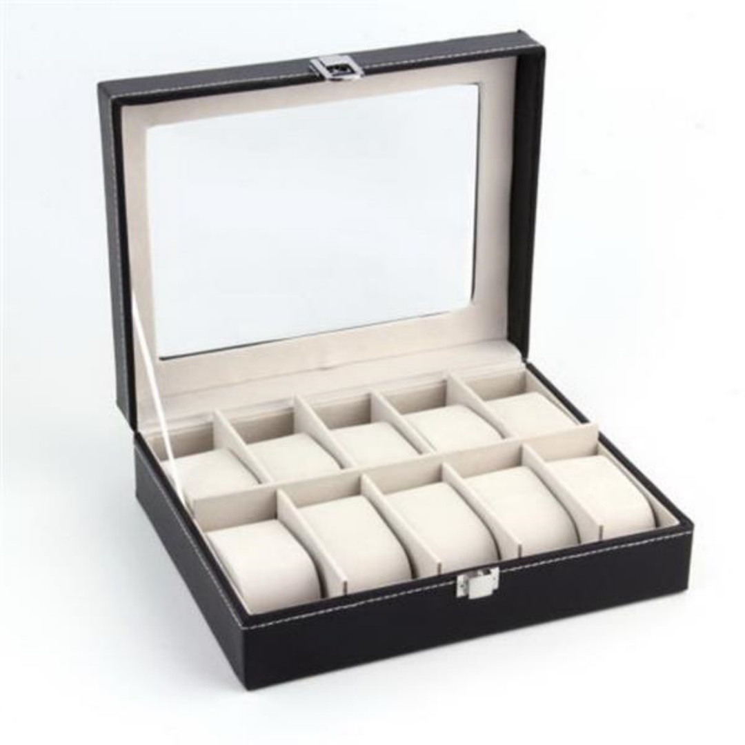 10 Compartments High-grade Leather Watch  Storage Box Black 2
