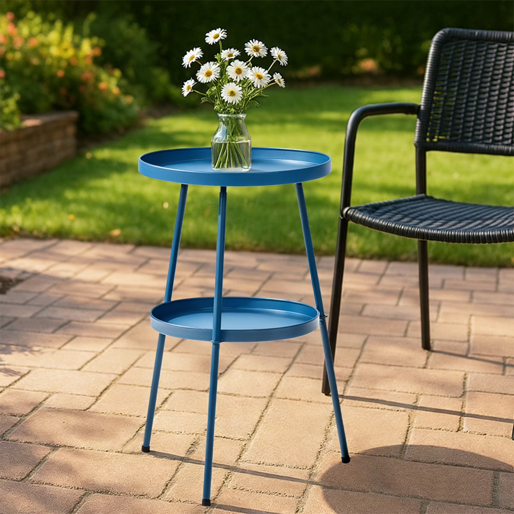 Double Layered Circular Small Edge Table, Dark Blue Metal Frame, Compact Coffee Table With A Diameter Of 12.6 Inches, Adjustable Anti Slip Feet, Limited To Five Servings Per Address