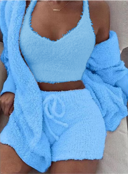 Conjunto de pijama 3 piezas de ropa para mujer manga larga corta camiseta sin mangas y pantalones cortos con cordón - Imagen 12 de 17